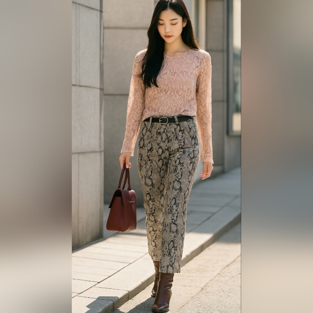 MANGO🎀MNG Snakeskin Print Slim High Rise Viscose Gray Pants Sz: 10